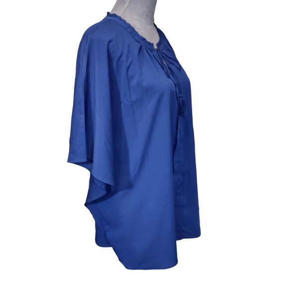 C Wonder Batwing Blouse Blue Tassle Tie Pleated Neckline Top Lightweight Size XL - Picture 3 of 9